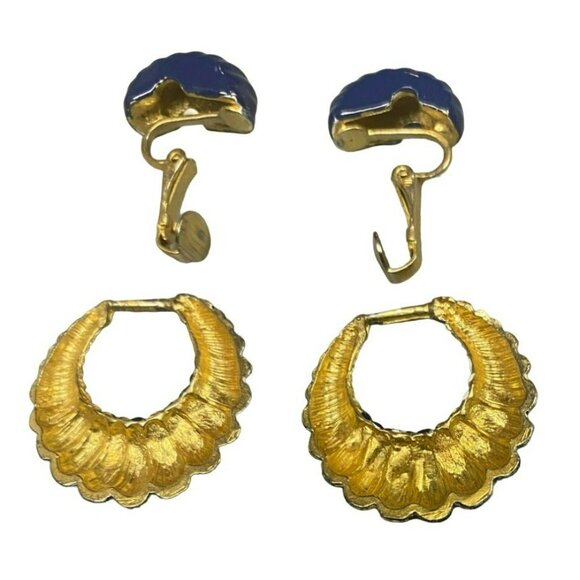 Vintage 80s Retro Royal Blue Enamel Gold tone Clip-On Hoop Earrings - Picture 4 of 5